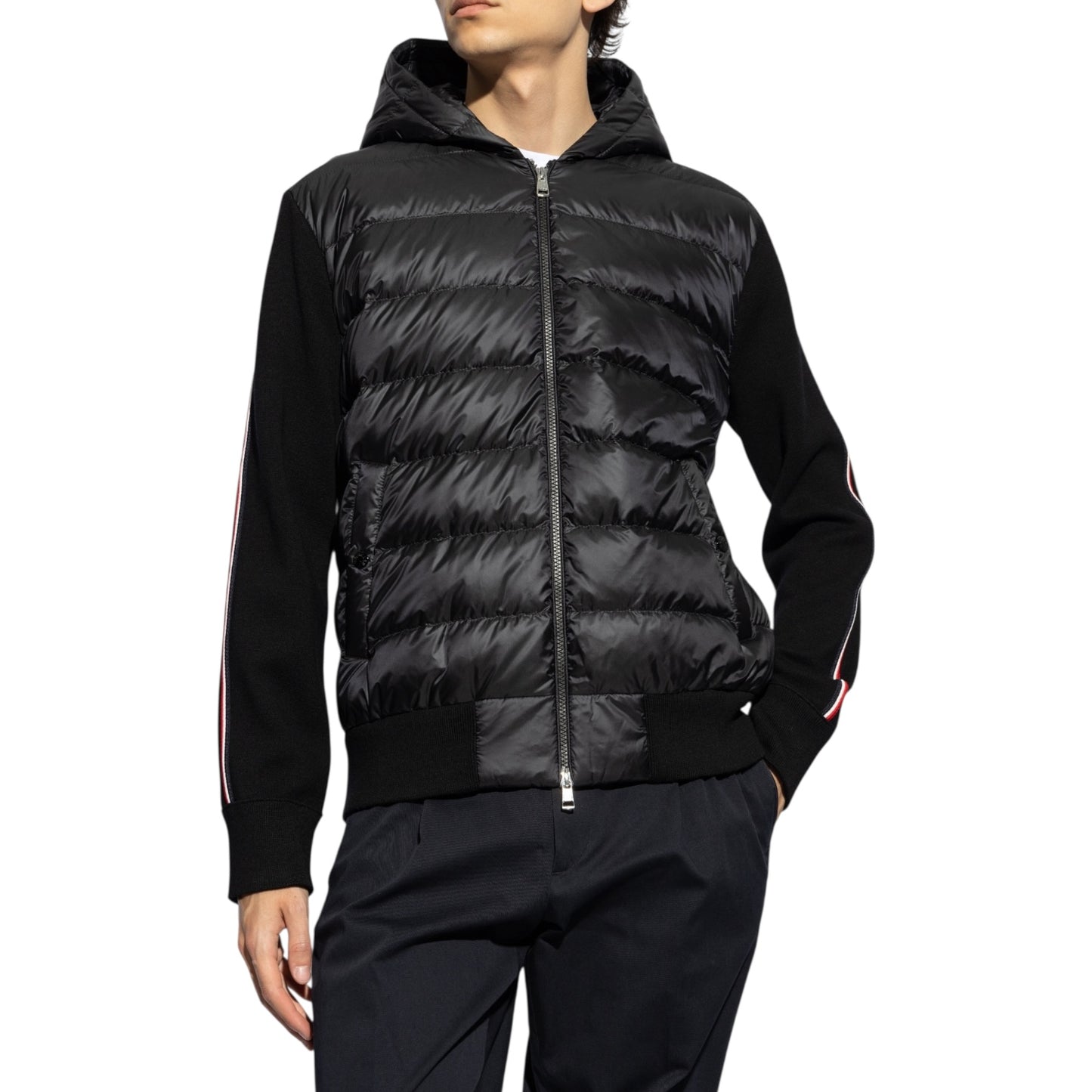 Tricolor Stripe Hooded Tricot Cardigan
