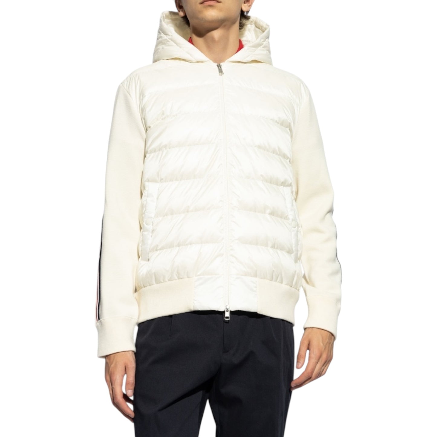 Tricolor Stripe Hooded Tricot Cardigan